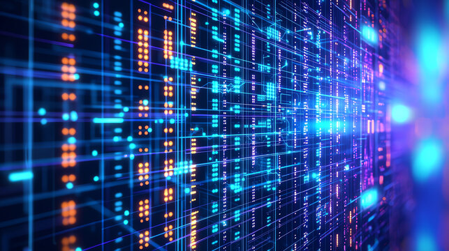Glowing dots and lines in a cascading digital matrix, intense blues and purples, high-tech cyber vibe, abstract composition with a sleek and futuristic feel. space for text
