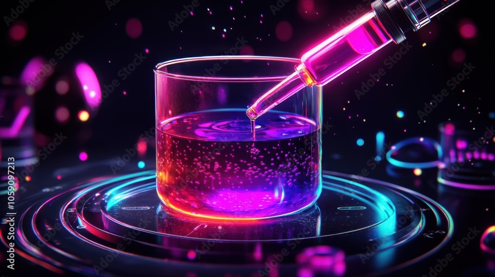 Poster 3d lab apparatus setup with a pipette dropping colored liquid into a beaker, showcasing scientific p