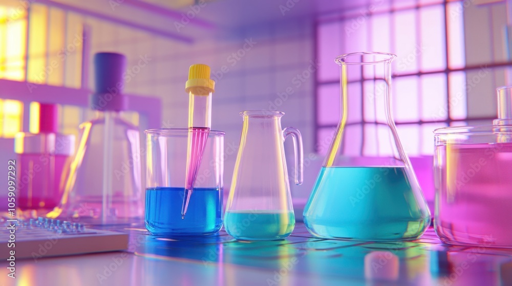 Poster 3d lab apparatus setup with a pipette dropping colored liquid into a beaker, showcasing scientific p