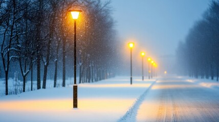 Winter Night with Glowing Street Lamps and Snow