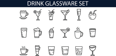 Drink Glassware Set Icons Line Art Illustration