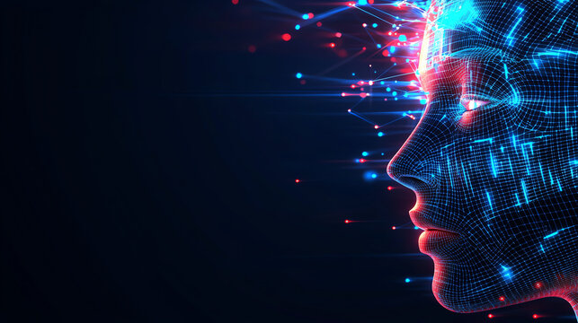 Futuristic digital face with glowing blue and red data points, abstract 3D wireframe and light trails, detailed cyber aesthetics with vibrant colors, AI and technology theme