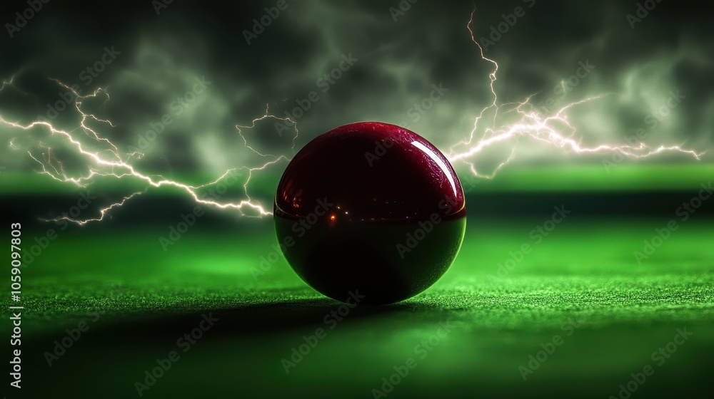 Poster red sphere with lightning and green background