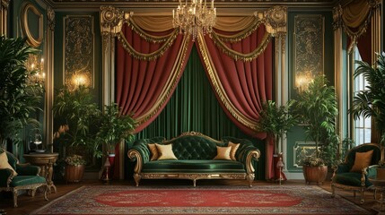 Timeless luxury backdrop featuring smooth and classic green, red, and gold hues, creating an opulent and stylish scene.