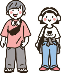 日本のカジュアルな私服の男子女子高校生