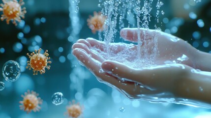 Fototapeta premium Water pouring over hands with virus models visible