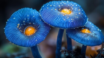 Stunning Close-Up of Vibrant Blue Mushrooms with Golden Centers Adorned with Dewdrops in a Mystical Forest Setting.
