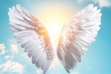 Fototapeta premium A pair of majestic white angel wings against a bright sky, symbolizing hope and freedom.