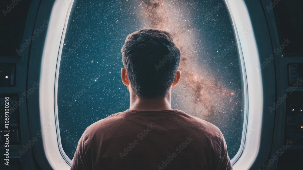 Poster astronaut observing space from a spacecraft window