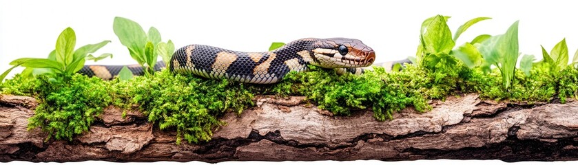 Obraz premium A snake on a mossy log with green leaves, white isolated background.
