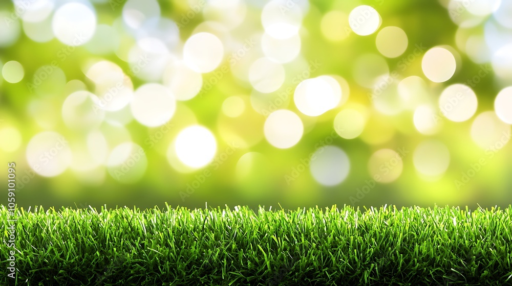 Poster green grass with bokeh background smooth blue background with copy space for advertisements