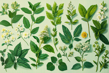 green plants and herbs, botanical elements