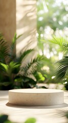 Fototapeta premium product display podium in an indoor garden with plants. product display