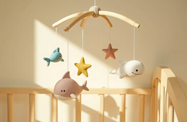 Cute baby crib mobile on beige pastel background. hanging module for a baby cot with textile stars and marine animals
