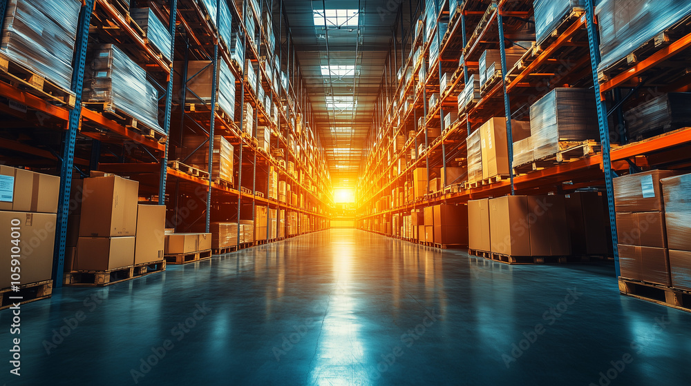 Poster warehouse interior: a captivating view down a long aisle of a modern warehouse, showcasing a vast ar