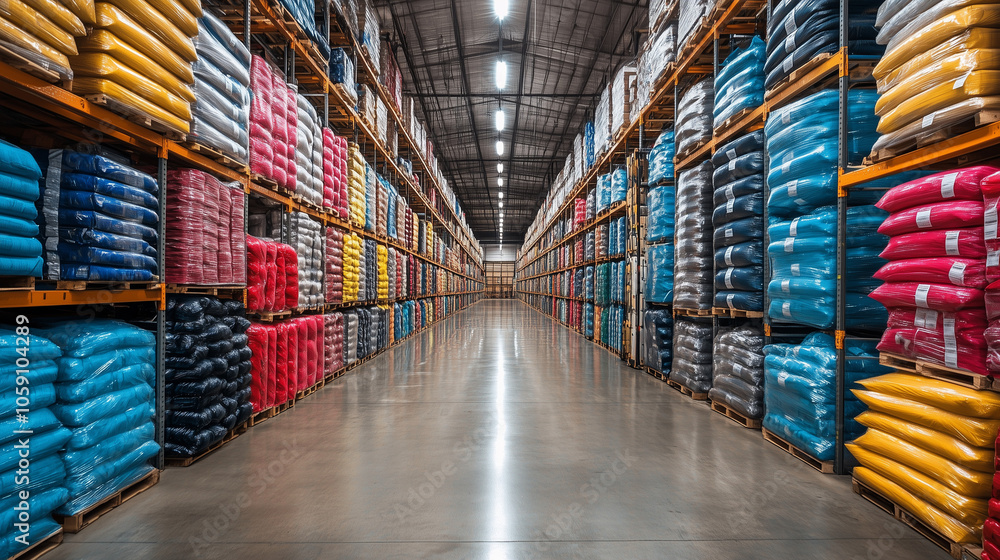 Poster warehouse inventory: rows of vibrant colored sacks fill massive warehouse shelves, creating a visual