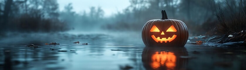 Spooky Halloween Jack-o'-Lantern Floating in a Foggy Forest River