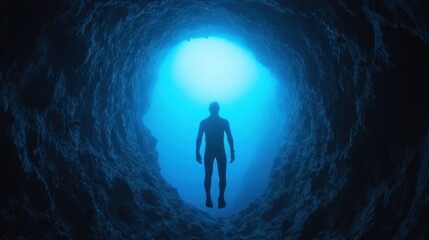 Fototapeta premium Diver Illuminated in Depths of the Ocean