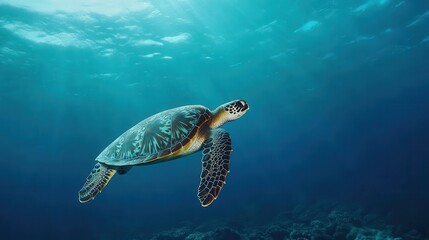 Obraz premium Diver Gracefully Gliding with a Giant Sea Turtle