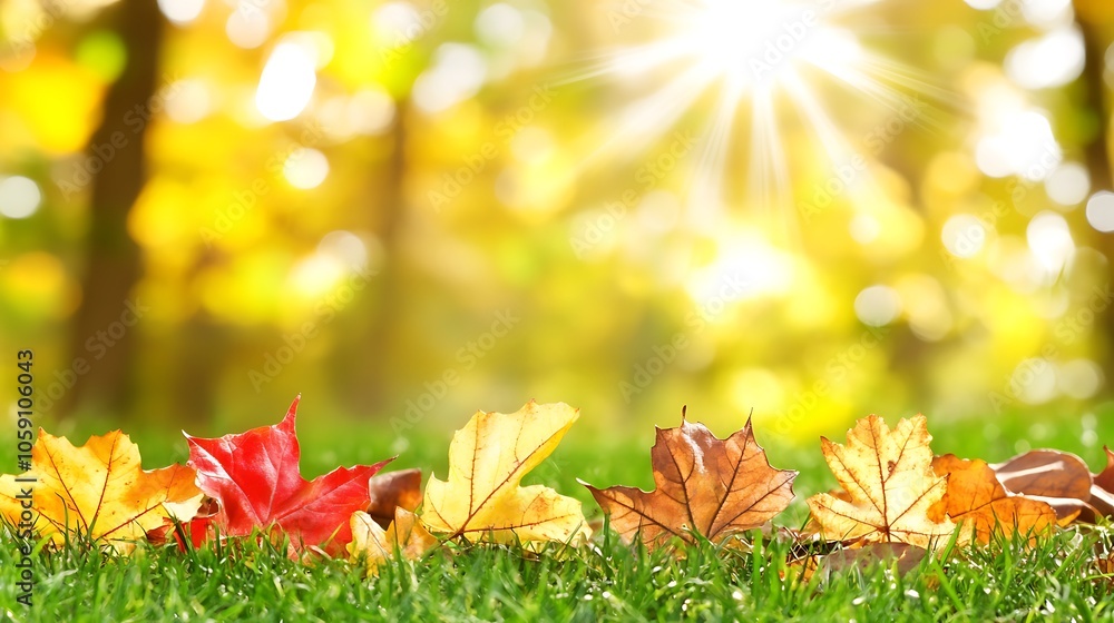 Poster autumn leaves on grass plain textured background for web design and copy