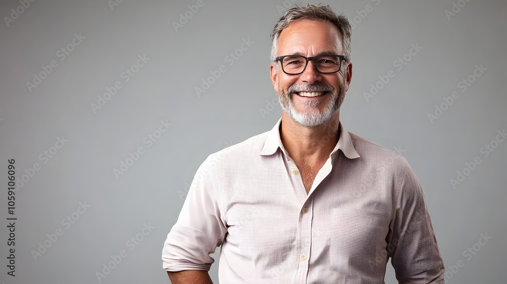 Poster middle aged british man in a smart casual outfit consisting of a button down shirt and chinos is del