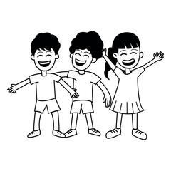 Happy Children Group Vector Illustration - Outline Style of Kids Playing and Laughing