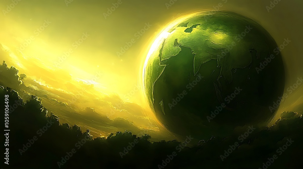 Poster green planet in yellow sky plain textured background for web design and copy