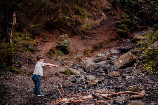 Young Boy Standing on Rocky Terrain in Forest, Observing Surroundings