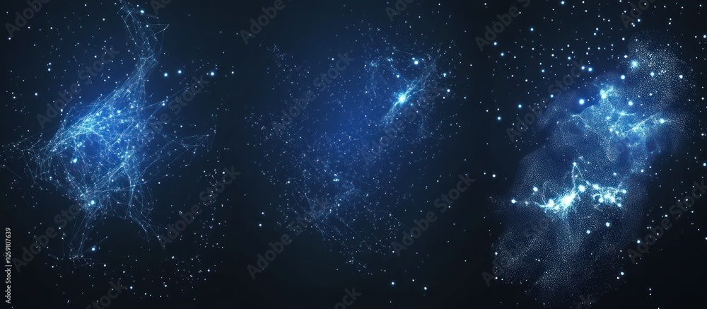 Poster set of abstract futuristic backgrounds from lines, dots, shapes and glowing particles with plexus ef