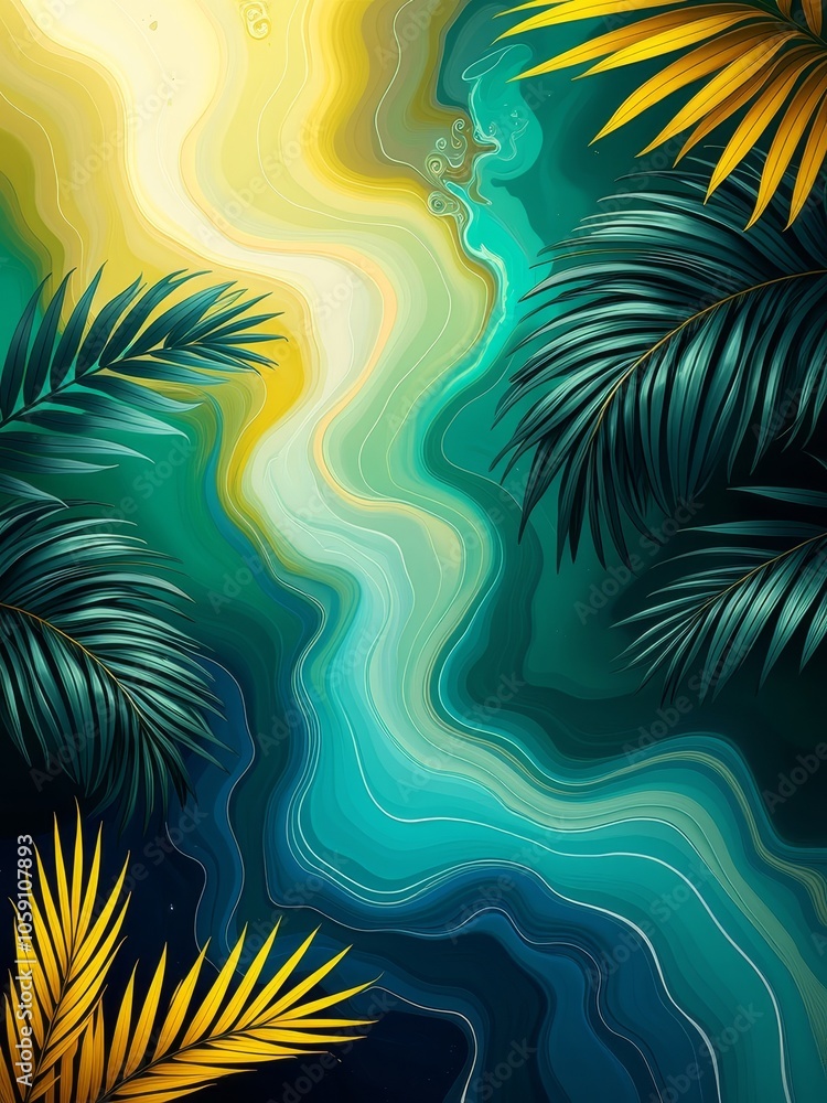 Poster Vibrant abstract jungle with colorful palm leaves and fluid patterns