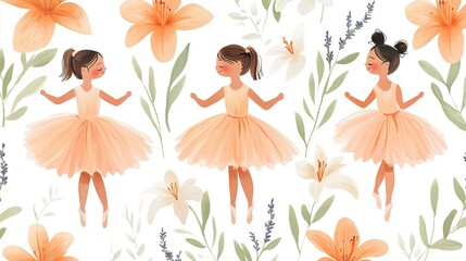 Cute Little Girls in Ballet Dresses Seamless Pattern