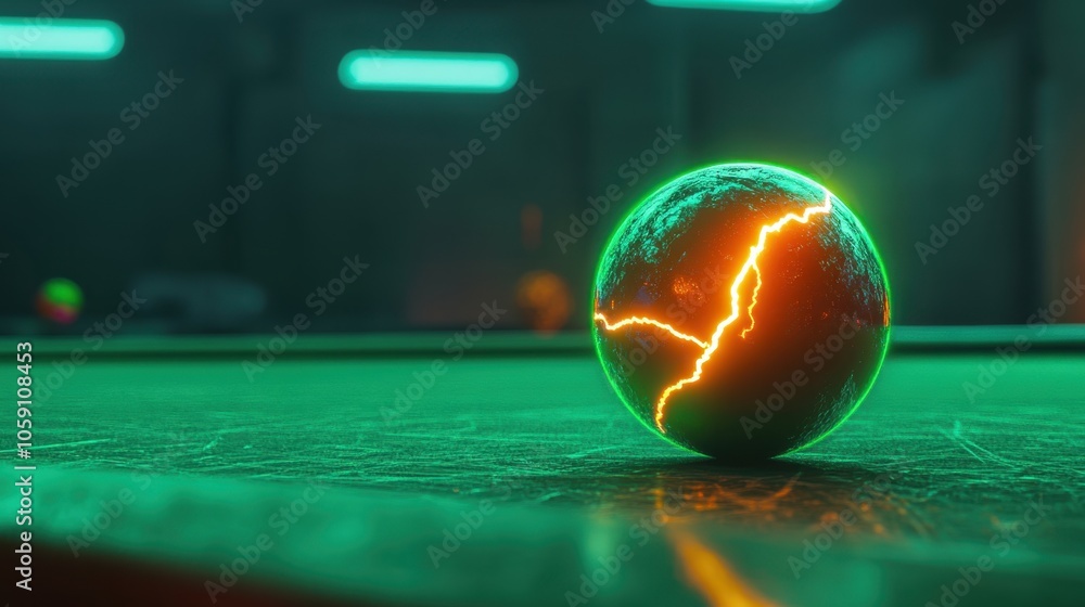 Poster glowing sphere with lightning effect on a pool table