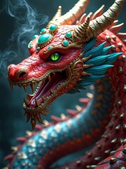 Obraz premium Majestic red dragon with smoldering eyes and ornate scales