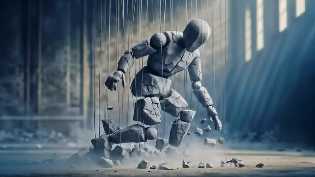 A marionette figure made of stone, crumbling slightly as it is pulled by strings from above