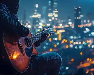 Obraz premium Musician Playing Guitar on Rooftop with Cityscape at Night Symbolizing Creative Freedom
