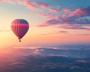 Fototapeta premium Hot Air Balloon Soaring Above Serene Landscape at Sunrise Symbolizing Freedom and