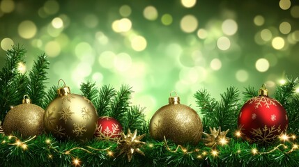 Naklejka premium Festive Christmas Ornaments on Green Background