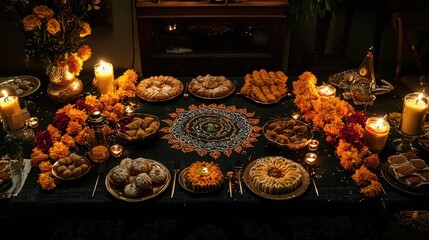 Diwali-themed table setup with traditional sweets, diyas, and a centerpiece rangoli design surrounded by festive lights and marigold garlands on a dark, elegant tablecloth