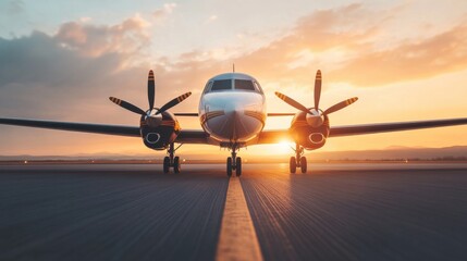 Fototapeta premium Propeller Plane at Ground Level During Sunset