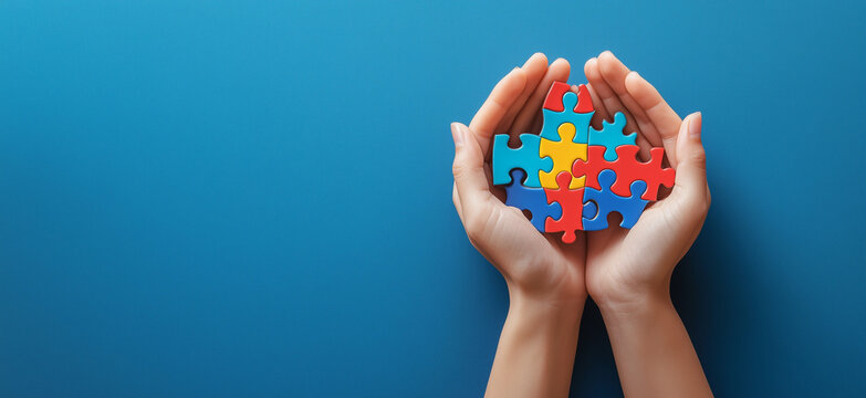 A hand holding a puzzle with a blue background. The puzzle is made up of different colored pieces, including blue, red, and yellow. Concept of challenge and accomplishment