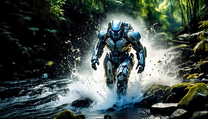 Fototapeta premium Astronaut, alien, robot in armored spacesuit in action on jungle. Starship troopers, star wars, space exploration, space science. Explosion, unfriendly planet, space war