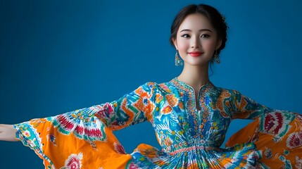 Fototapeta premium Portrait of a happy young Malaysian woman beaming with joy and wearing a vibrant batik printed dress in front of a plain lapis lazuli blue studio background
