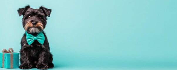 Adorable dog in a bow tie sits next to a gift on a bright blue background.