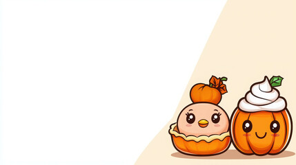 Adorable Pumpkin Friends: Kawaii pumpkin pie and cupcake characters, perfect for autumn, Halloween, or Thanksgiving designs.  
