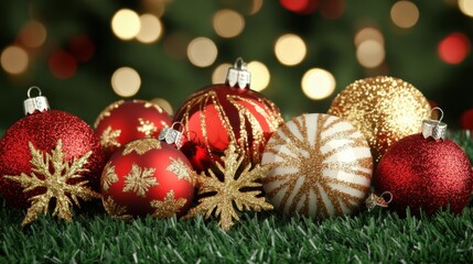 Colorful Christmas Ornaments on Green Grass Surface