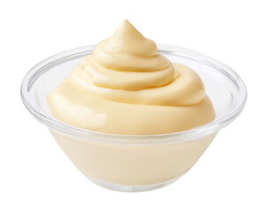 Organic Mayonnaise in a white bowl isolated. Homemade Mayo on white background. Fresh Mayonnaise, Sour cream or Yogurt closeup