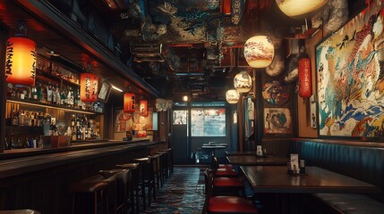 A cozy, traditional bar interior with vibrant lanterns and artistic decor, inviting for social gatherings.