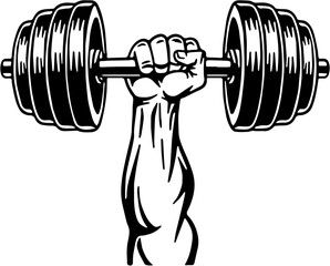 Black-and-White Vector Illustration of a Strong Hand Gripping a Heavy Dumbbell, Strength and Fitness Concept, Gym and Workout Motivation Art, Sports Equipment Icon, Personal Trainer Graphic, Gym Logo 