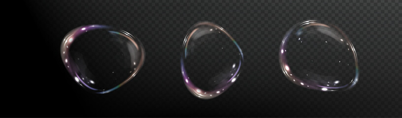 Bubble PNG. Set of realistic soap bubbles. Bubbles are located on a transparent background. Vector flying soap bubbles. Water glass bubble realistic png