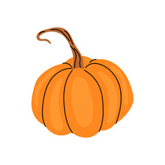Bright orange pumpkin with a curved stem in a simple design on a plain background